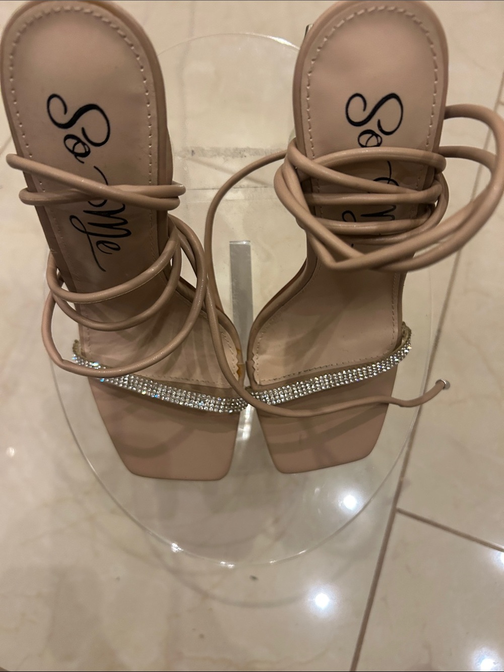 So Me Nude Rhinestone Lace-Up Square Toe Heels